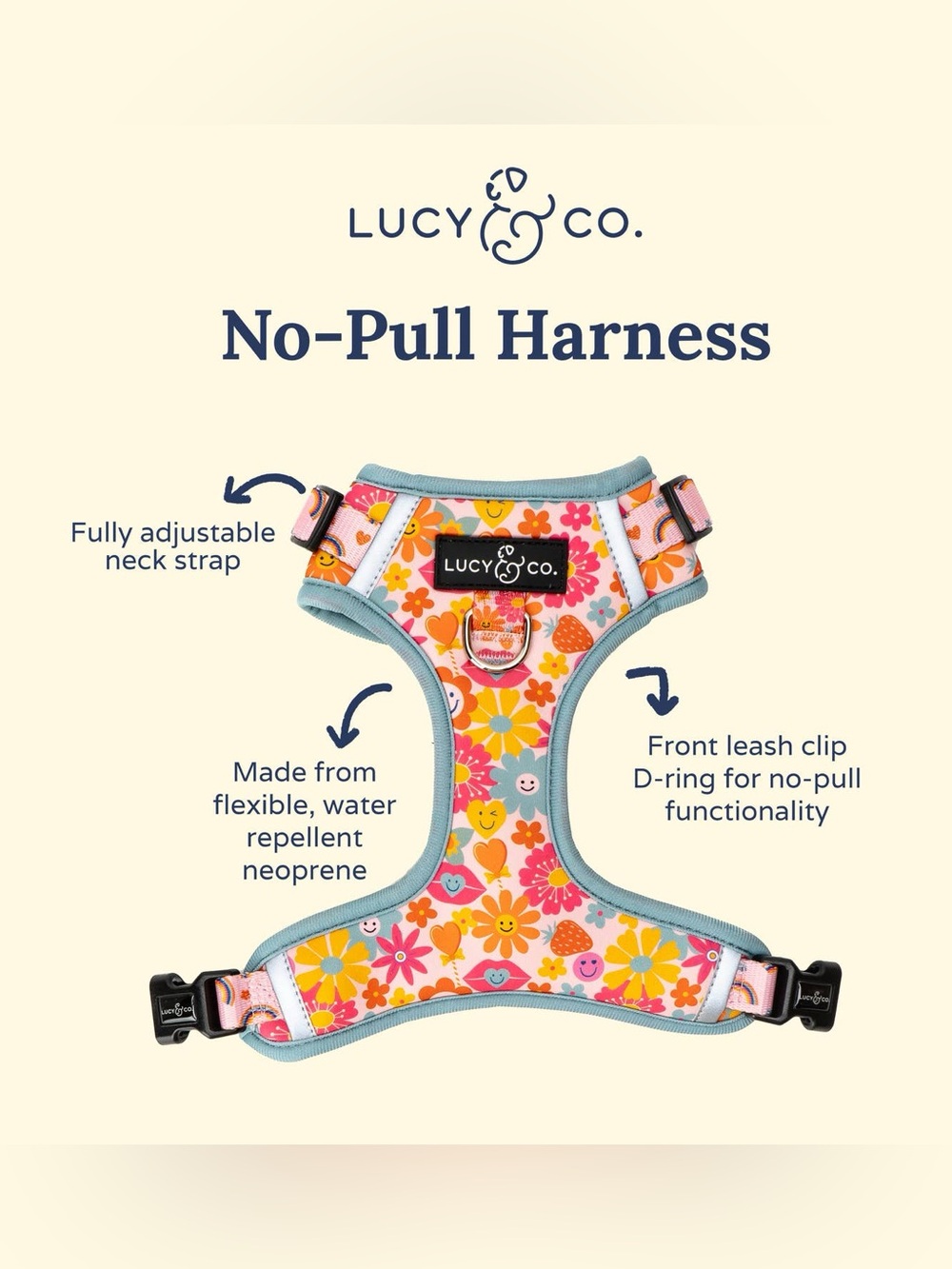 Lucy & Co Reversible Dog Harness M Pink Flowers Rainbows Happy Face Groovy